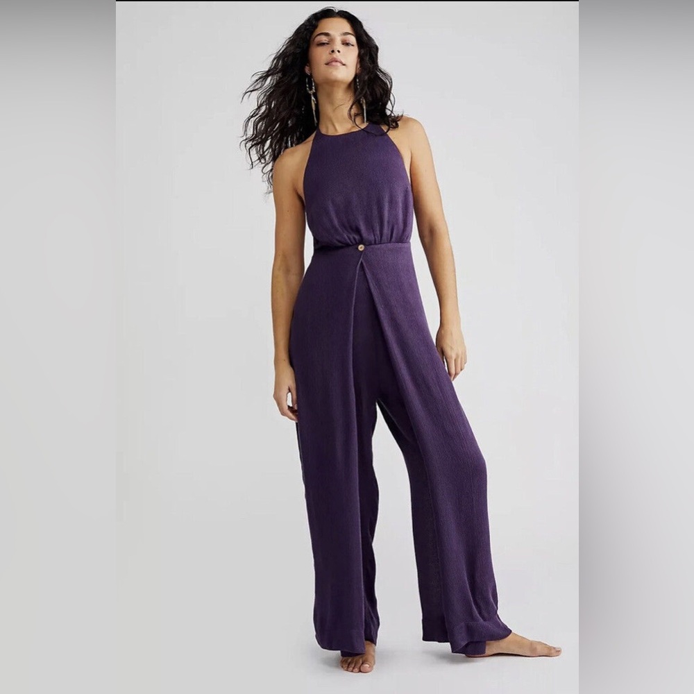 NWT Free People purple plum halter neck jumpsuit pants romper wide leg